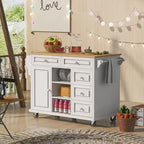 Kitchen Cart with Storage and 5 Drawers,Spice Rack,Towel Holder ,Rubber Wood Desktop Rolling Mobile Kitchen Island