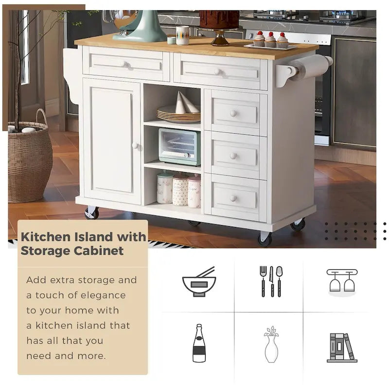 Kitchen Cart with Storage and 5 Drawers,Spice Rack,Towel Holder ,Rubber Wood Desktop Rolling Mobile Kitchen Island