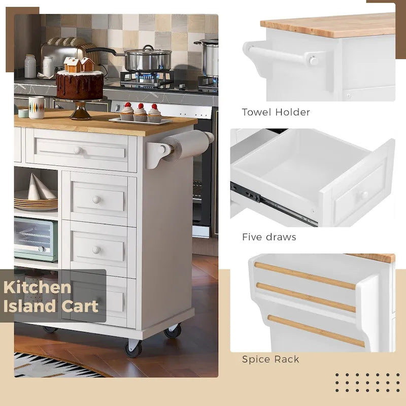 Kitchen Cart with Storage and 5 Drawers,Spice Rack,Towel Holder ,Rubber Wood Desktop Rolling Mobile Kitchen Island