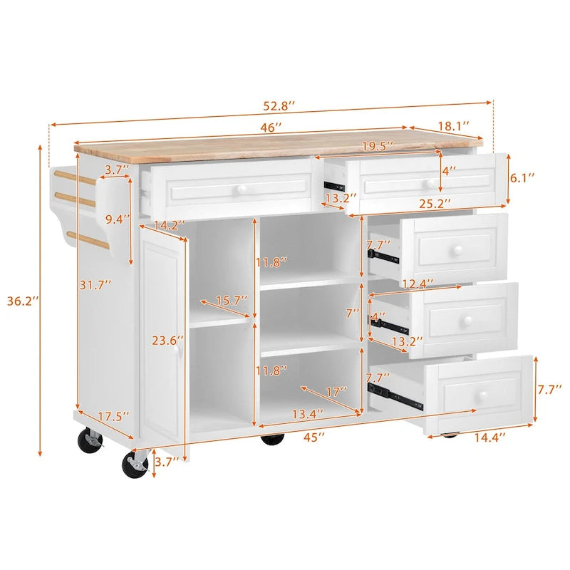 Kitchen Cart with Storage and 5 Drawers,Spice Rack,Towel Holder ,Rubber Wood Desktop Rolling Mobile Kitchen Island