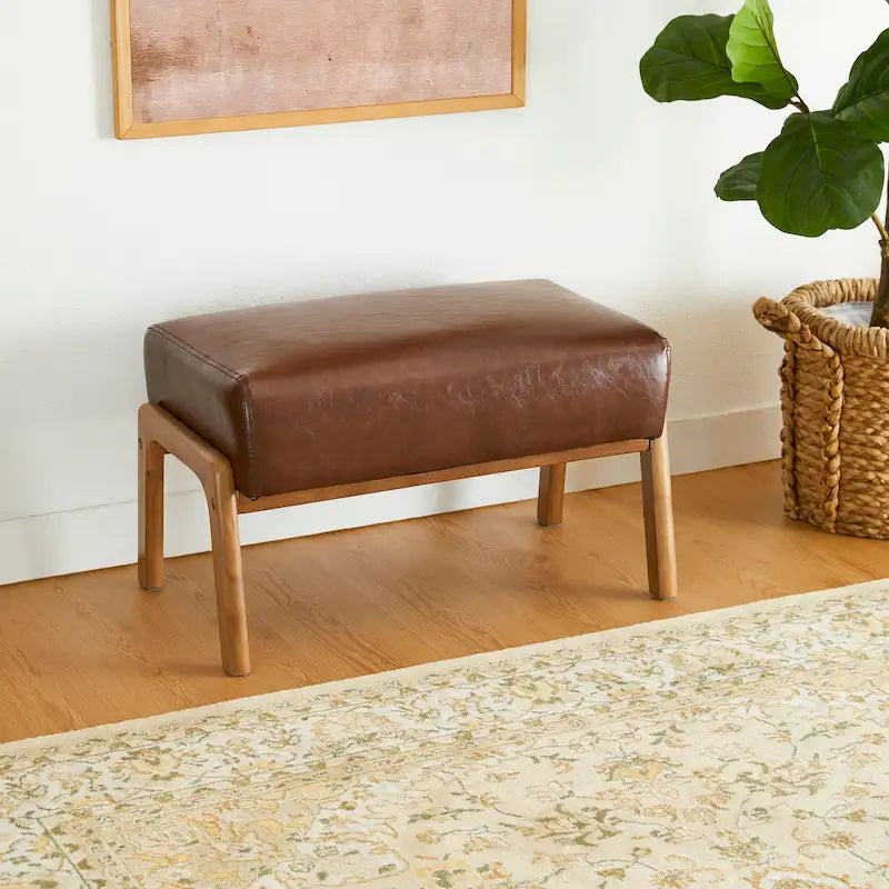 Glitzhome 24.5W Leatherette Accent Stool With Walnut Rubberwood Legs