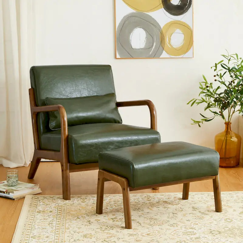Glitzhome 24.5W Leatherette Accent Stool With Walnut Rubberwood Legs