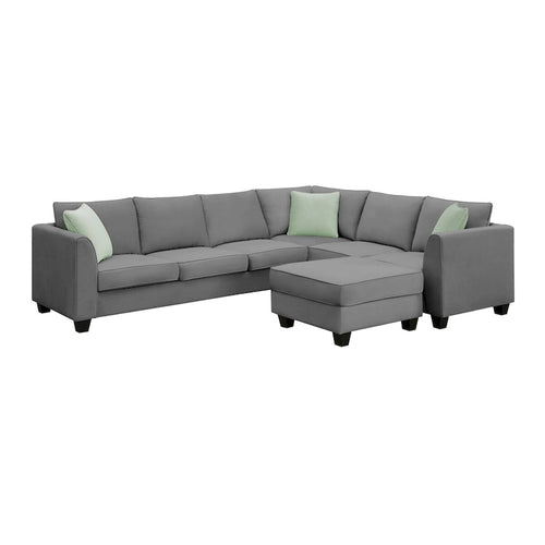 112-inch L-shaped 7-seat Modular Sectional Sofa with Ottoman and Three Pillows - 112W x 87D x 33H