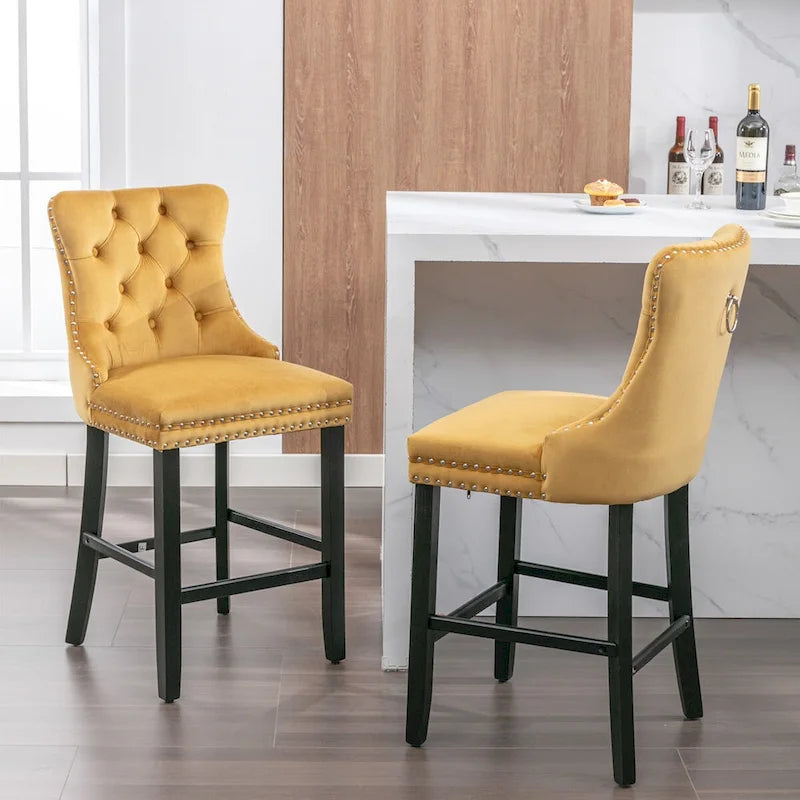 Velvet Upholstered Barstools with Button Tufted Decoration and Wooden Legs, and Chrome Nailhead Trim, Leisure Style Bar Chairs