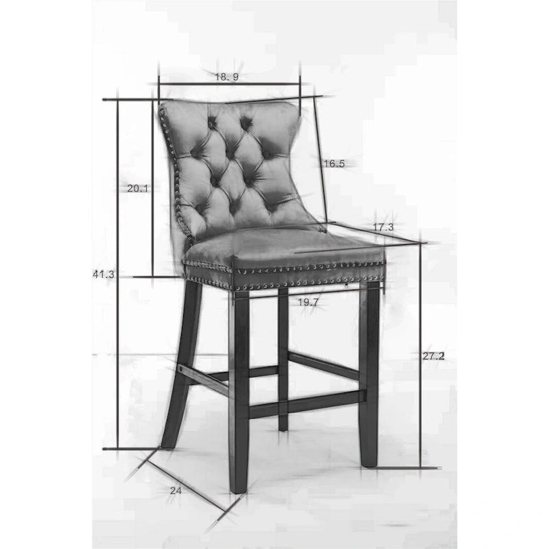 Velvet Upholstered Barstools with Button Tufted Decoration and Wooden Legs, and Chrome Nailhead Trim, Leisure Style Bar Chairs