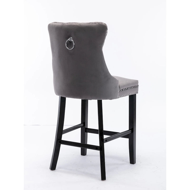 Velvet Upholstered Barstools with Button Tufted Decoration and Wooden Legs, and Chrome Nailhead Trim, Leisure Style Bar Chairs