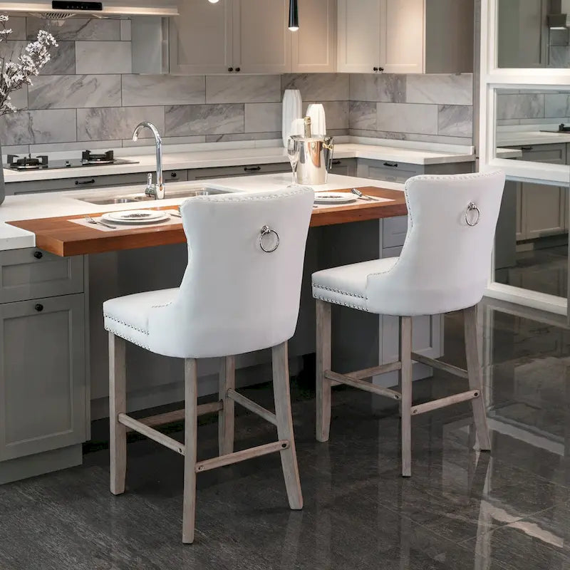 Velvet Upholstered Barstools with Button Tufted Decoration and Wooden Legs, and Chrome Nailhead Trim, Leisure Style Bar Chairs