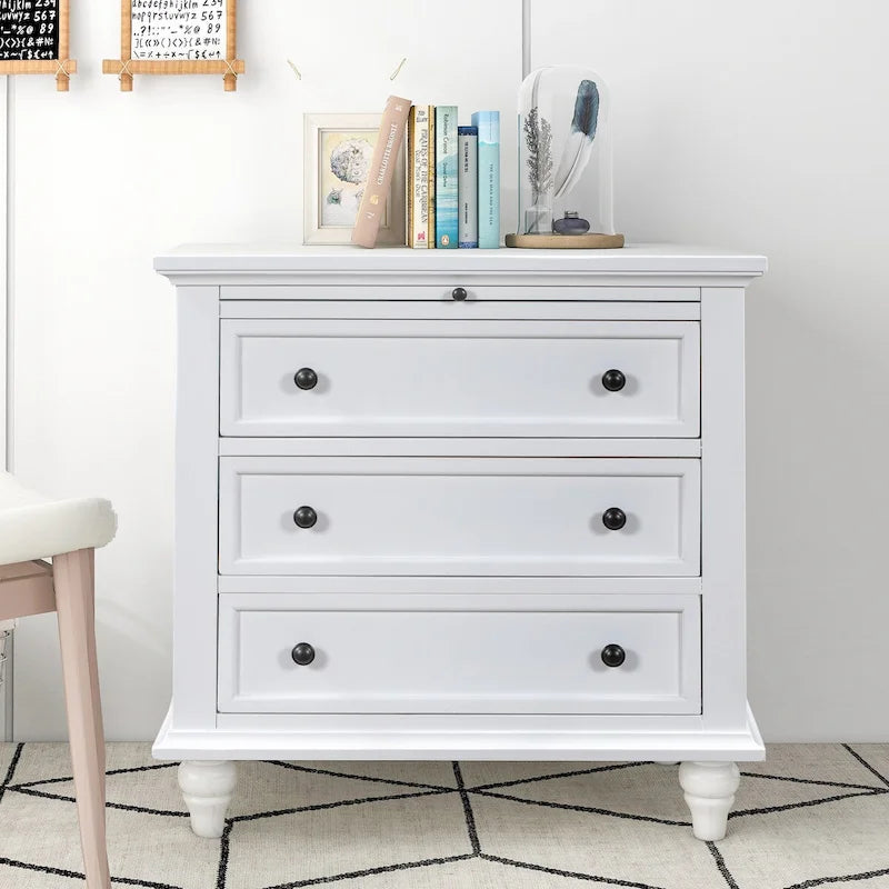Solid Pine Wood End Table with Pull-out Tray and 3 Drawer, Easy Assembly