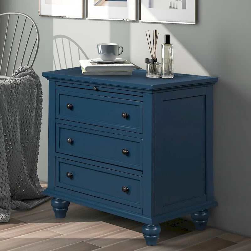 Solid Pine Wood End Table with Pull-out Tray and 3 Drawer, Easy Assembly