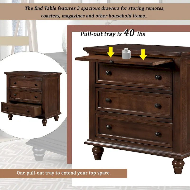 Solid Pine Wood End Table with Pull-out Tray and 3 Drawer, Easy Assembly