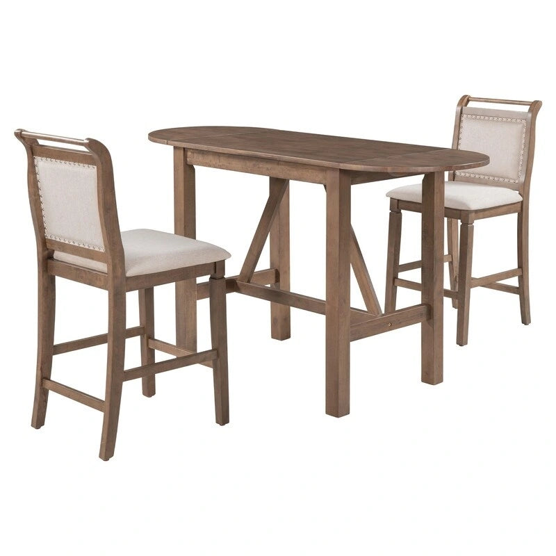 3-Piece Wood Counter Height Drop Leaf Dining Table Set with 2 Upholstered Dining Chairs for Small Place