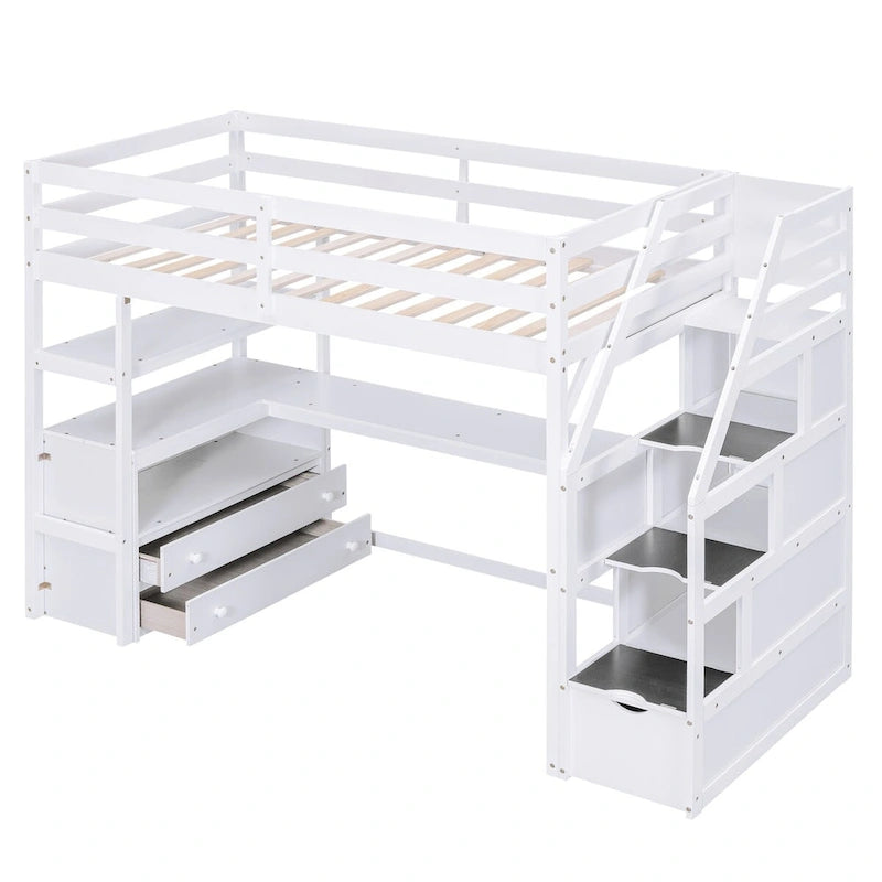 Nestfair Twin Size Loft Bed with Desk and Shelves