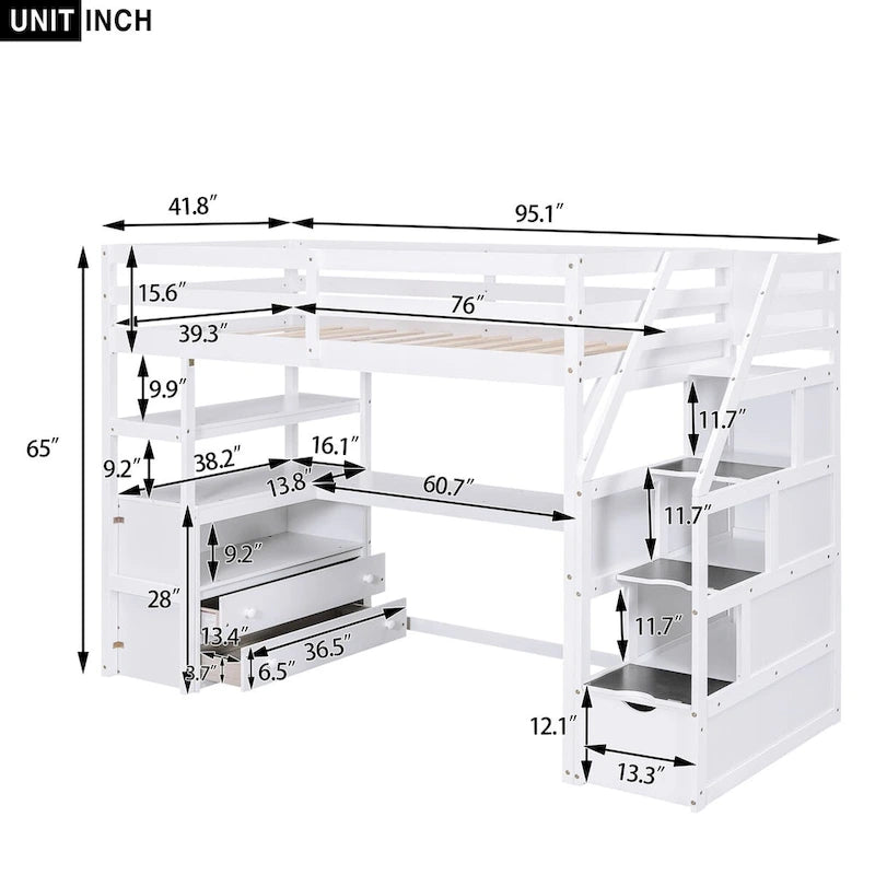 Nestfair Twin Size Loft Bed with Desk and Shelves