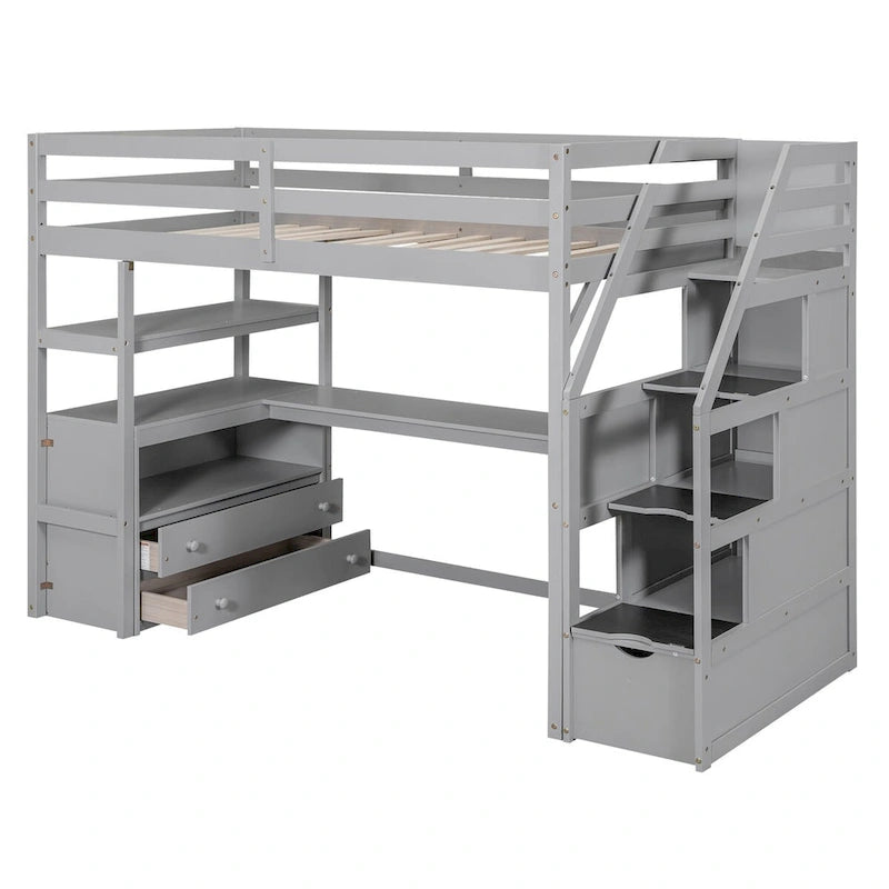 Nestfair Twin Size Loft Bed with Desk and Shelves