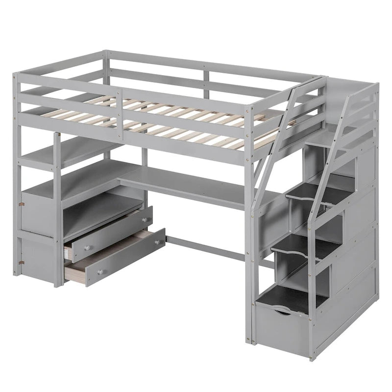 Nestfair Twin Size Loft Bed with Desk and Shelves