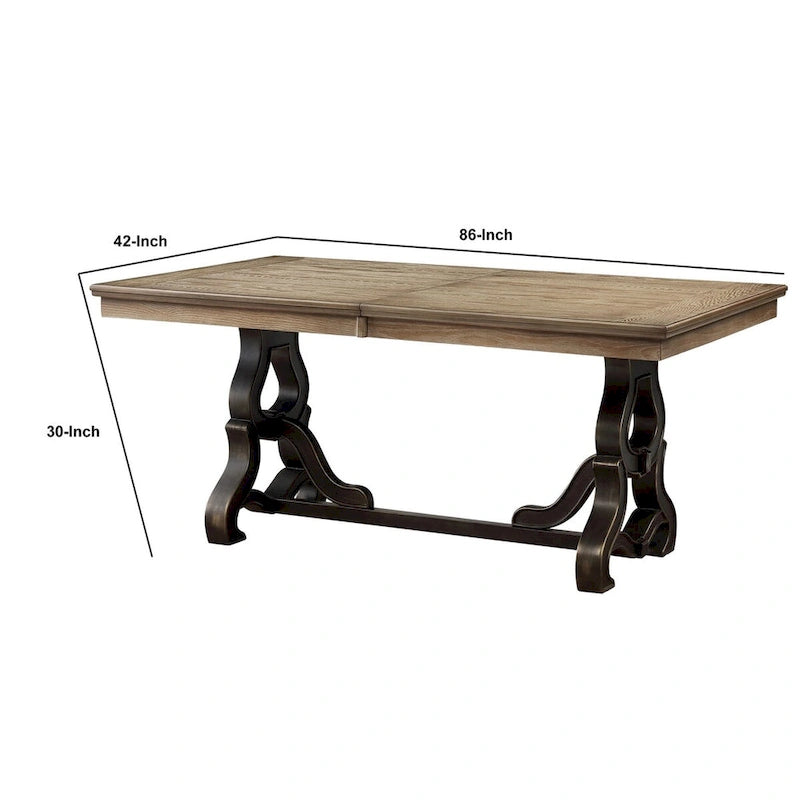 68 Inch Wooden Dining Table with Ornate Trestle Base, Brown