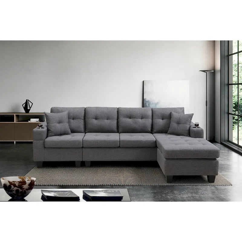 Sectional Sofa Living Room with L Shape Chaise Lounge and cup holder