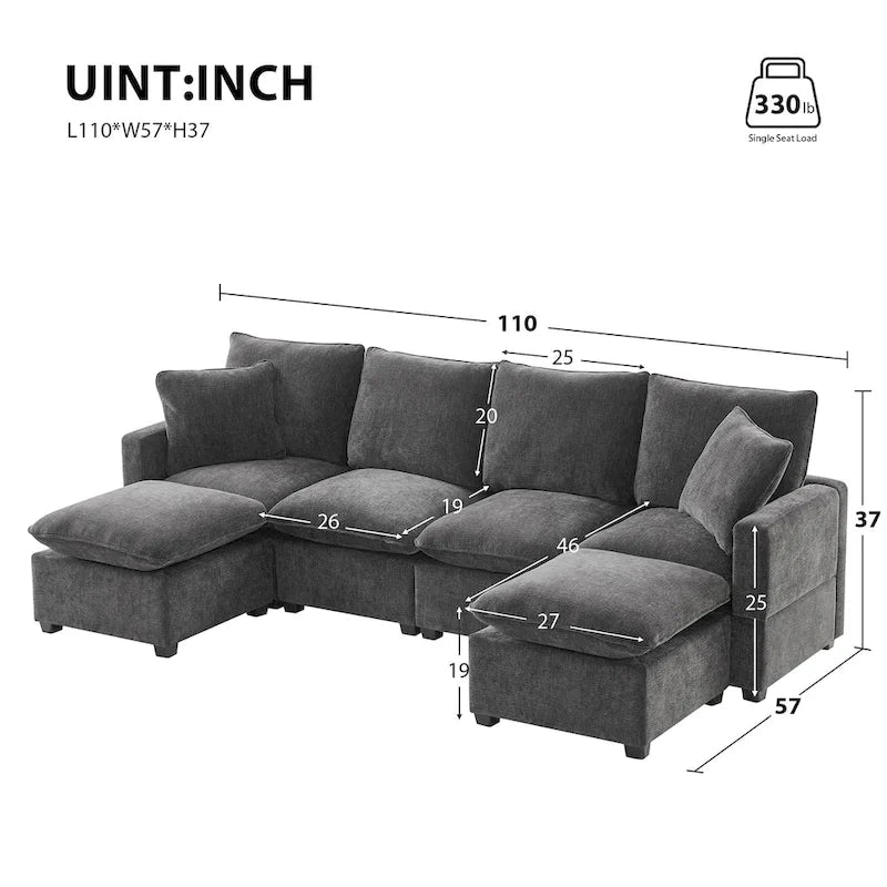 Modern 6-Seat Free Combination U-Shaped Modular Sofa, Sectional Couch Set with 2 Pillows