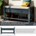Shoe Rack with Cushioned Seat and Drawers, Multipurpose Entryway Storage Bench (Antique Navy)