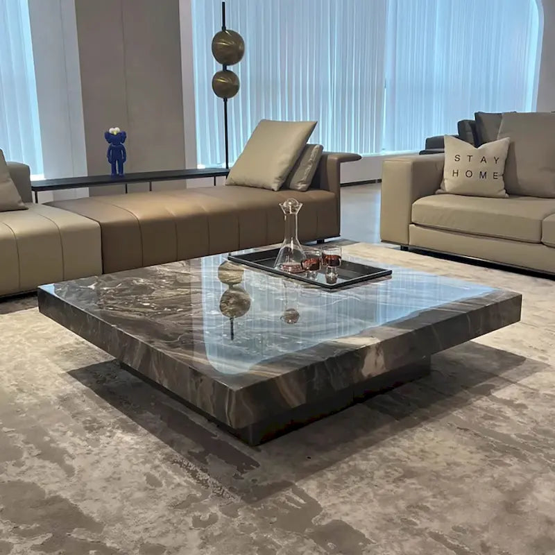 Modern 42 Faux Marble Square Coffee TableGlossy Sintered Stone Tabletop