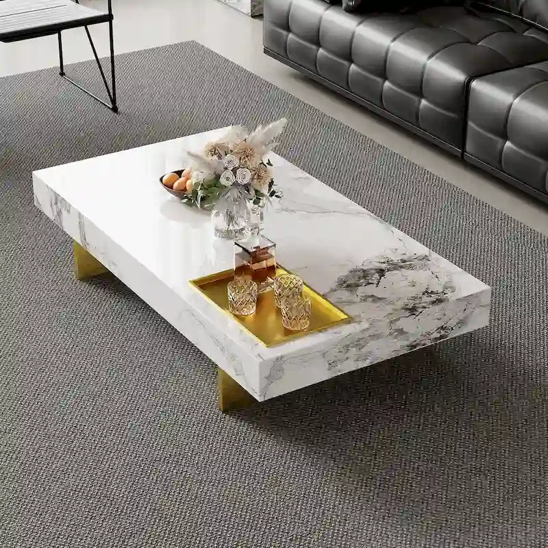 Modern 42 Faux Marble Square Coffee TableGlossy Sintered Stone Tabletop