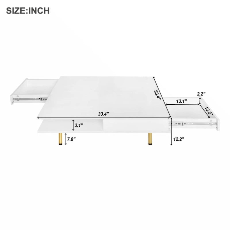 Exquisite High Gloss Coffee Table with 4 Golden Legs and 2 Small Drawers, 2-Tier Square Center Table for Living Room
