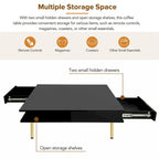 Exquisite High Gloss Coffee Table with 4 Golden Legs and 2 Small Drawers, 2-Tier Square Center Table for Living Room