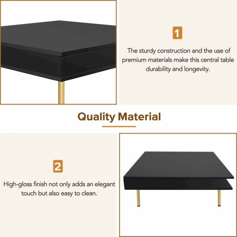 Exquisite High Gloss Coffee Table with 4 Golden Legs and 2 Small Drawers, 2-Tier Square Center Table for Living Room