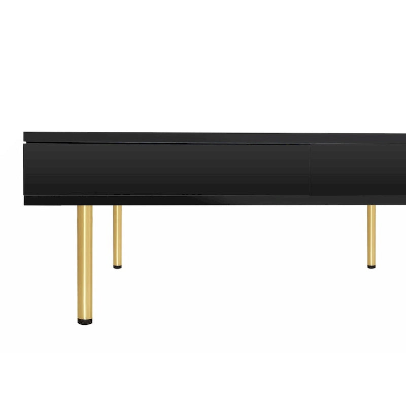 Exquisite High Gloss Coffee Table with 4 Golden Legs and 2 Small Drawers, 2-Tier Square Center Table for Living Room