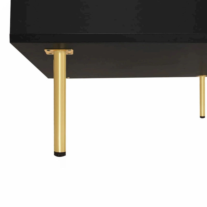 Exquisite High Gloss Coffee Table with 4 Golden Legs and 2 Small Drawers, 2-Tier Square Center Table for Living Room