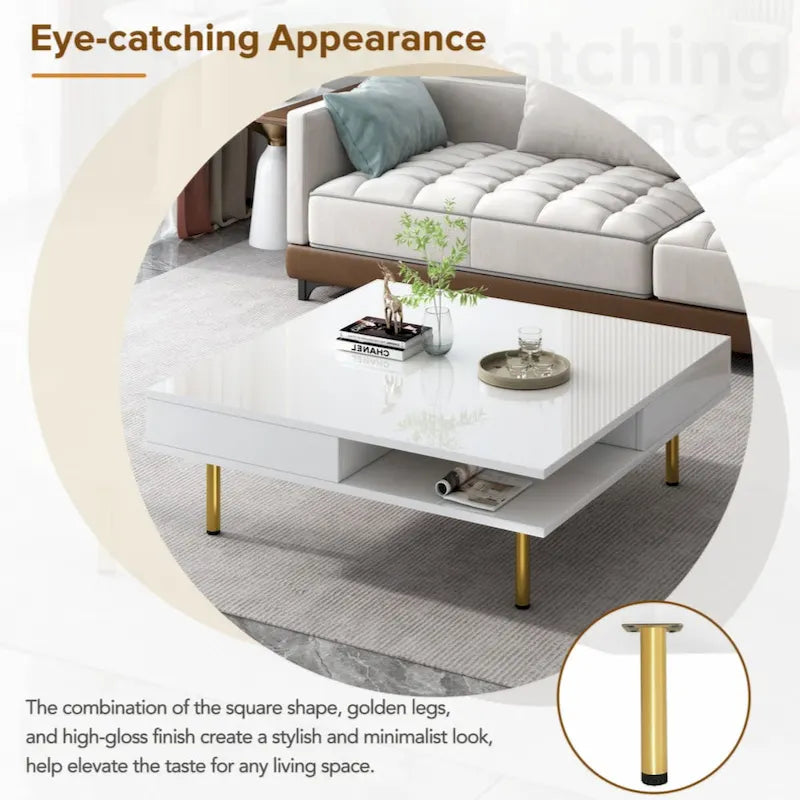 Exquisite High Gloss Coffee Table with 4 Golden Legs and 2 Small Drawers, 2-Tier Square Center Table for Living Room