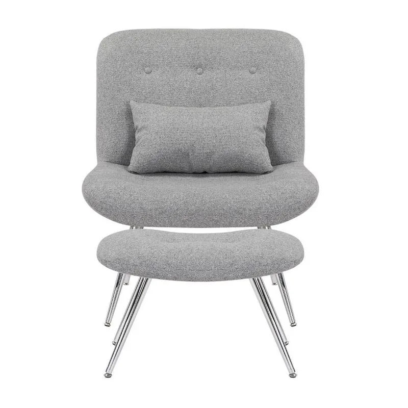 Lea 2pc Modern Lounge Chair and Ottoman Set, Gray Woven Upholstery, Chrome