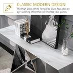 55 inch Rectangle White Glass Console Table with Mirrored M-Shaped Base