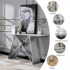 55 inch Rectangle White Glass Console Table with Mirrored M-Shaped Base