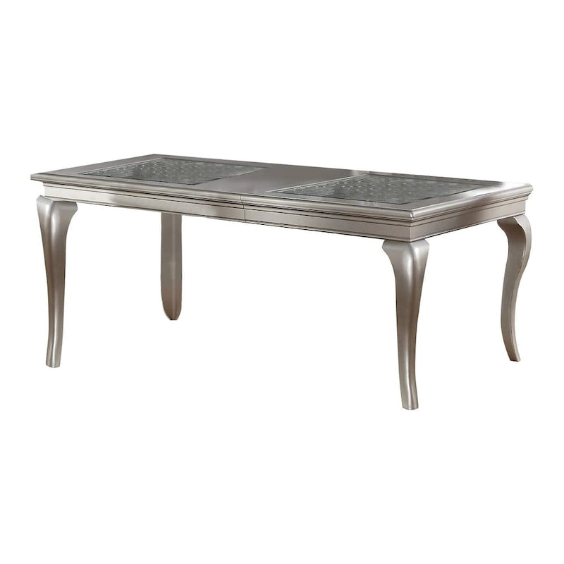 Reme 66-84 Inch Dining Table, 6 Seater Extendable, Glass Silver Wood