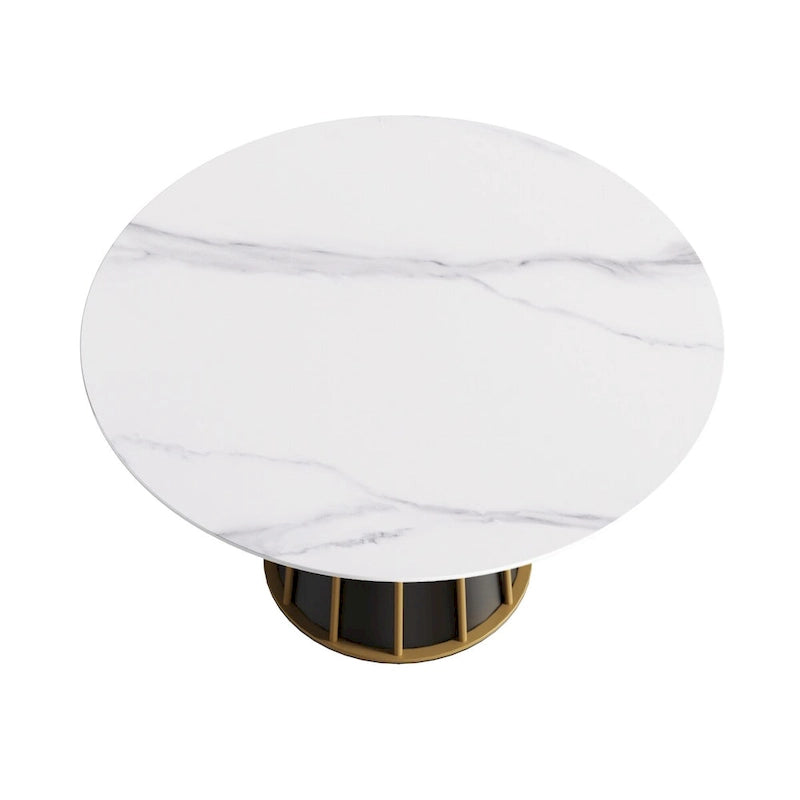 53 White Sintered Stone Round Dining Table with Lazy Susan - N/A