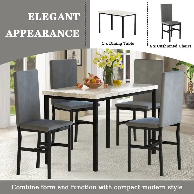 Modern 5 Piece Faux Marble Kitchen Dining Table Set for 4 with PU Leather Chairs, Dinette for Small Spaces, Breakfast Nook