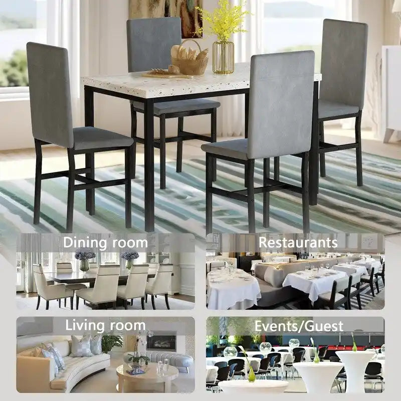 Modern 5 Piece Faux Marble Kitchen Dining Table Set for 4 with PU Leather Chairs, Dinette for Small Spaces, Breakfast Nook