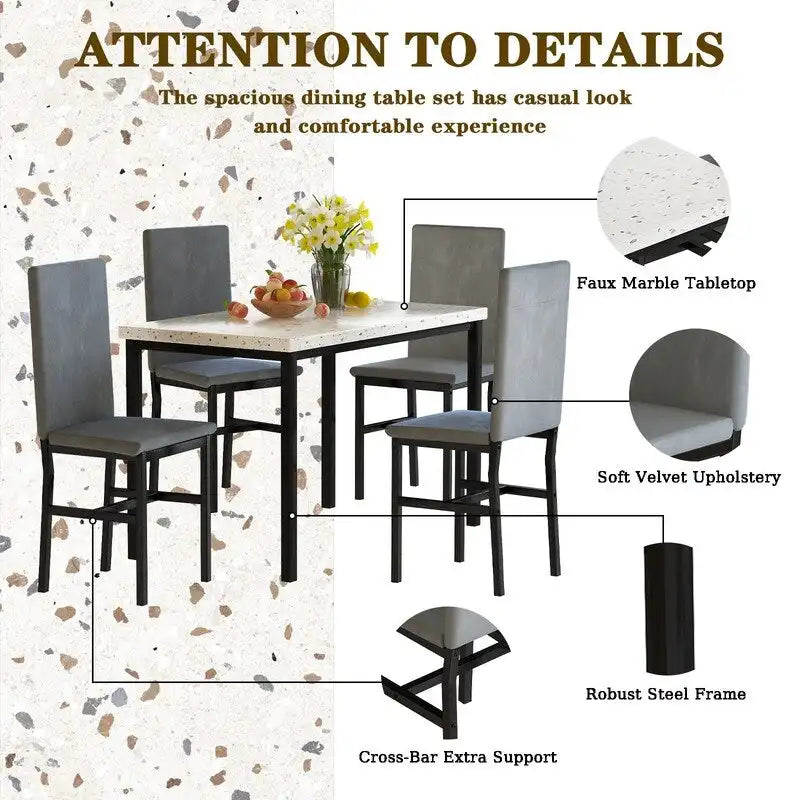 Modern 5 Piece Faux Marble Kitchen Dining Table Set for 4 with PU Leather Chairs, Dinette for Small Spaces, Breakfast Nook