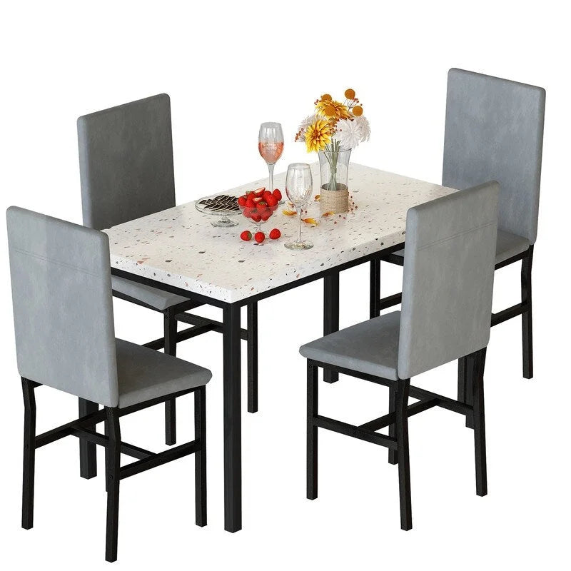 Modern 5 Piece Faux Marble Kitchen Dining Table Set for 4 with PU Leather Chairs, Dinette for Small Spaces, Breakfast Nook