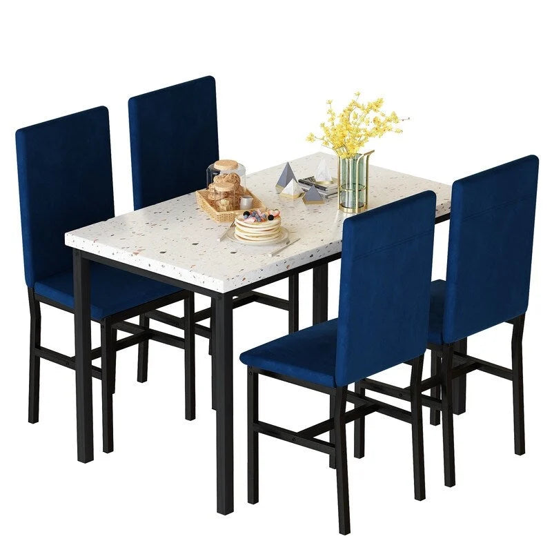 Modern 5 Piece Faux Marble Kitchen Dining Table Set for 4 with PU Leather Chairs, Dinette for Small Spaces, Breakfast Nook