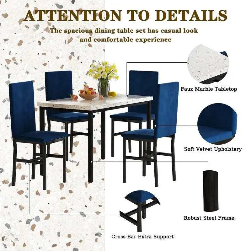 Modern 5 Piece Faux Marble Kitchen Dining Table Set for 4 with PU Leather Chairs, Dinette for Small Spaces, Breakfast Nook