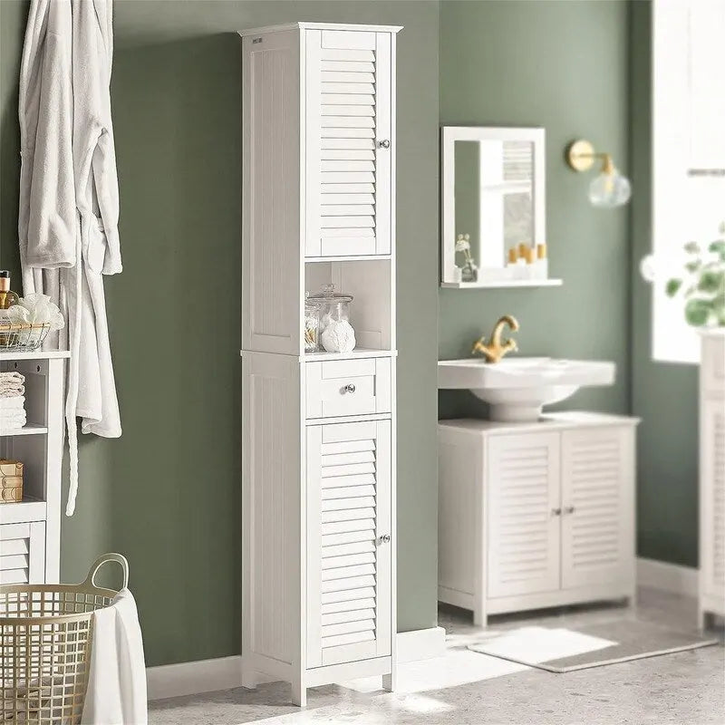 White Tall Bathroom Storage Cabinet with Shelves and Drawers