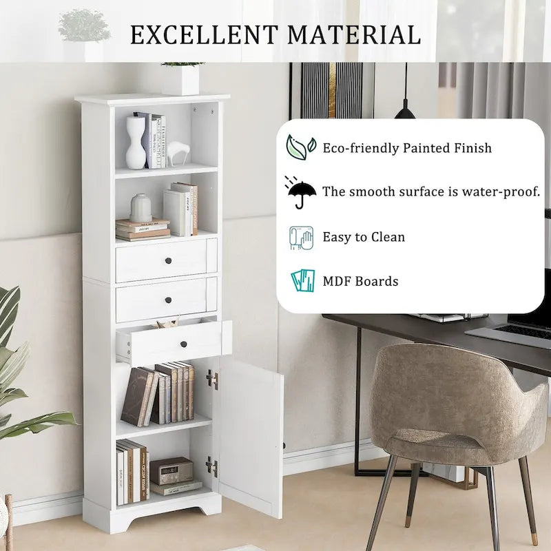 68 Tall Freestanding Bathroom Cabinet with 3 Drawers and Adjustable Shelves