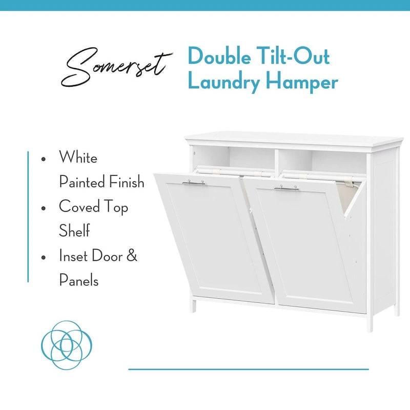 RiverRidge Somerset Double Tilt-Out Laundry Hamper Cabinet with Removable Cloth Storage Bags - White