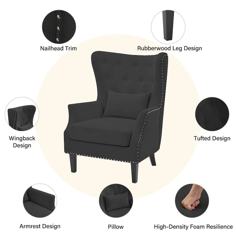 Classic Nailhead Trim Corduroy Wingback Armchair with a Lumbar Pillow and Rubberwood Legs