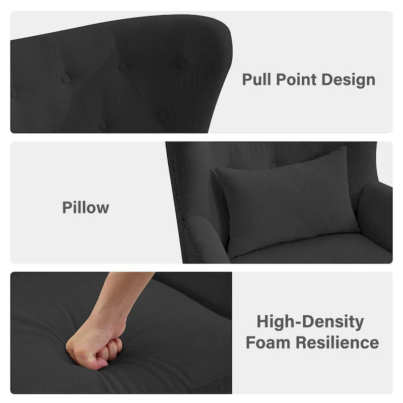 Classic Nailhead Trim Corduroy Wingback Armchair with a Lumbar Pillow and Rubberwood Legs