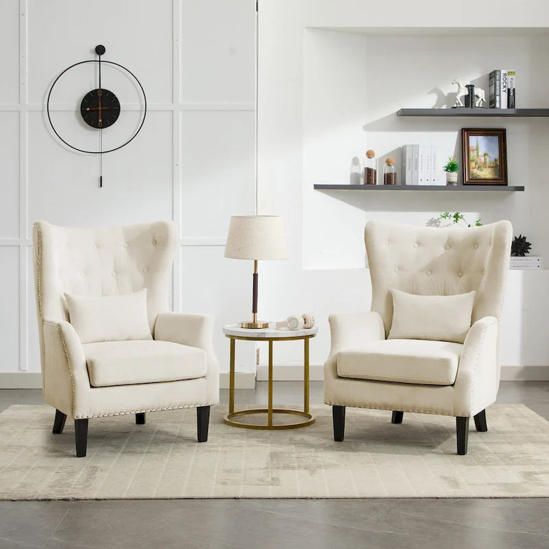 Classic Nailhead Trim Corduroy Wingback Armchair with a Lumbar Pillow and Rubberwood Legs