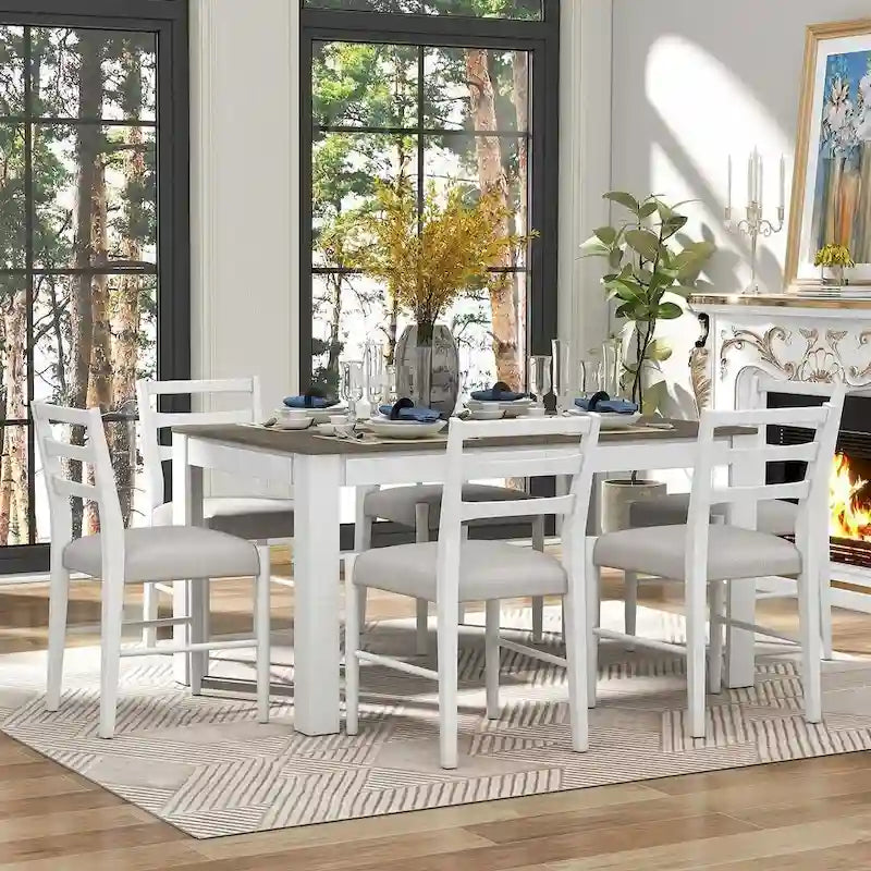7 PCS Wooden Dining Table Set for 6 with Extendable Table