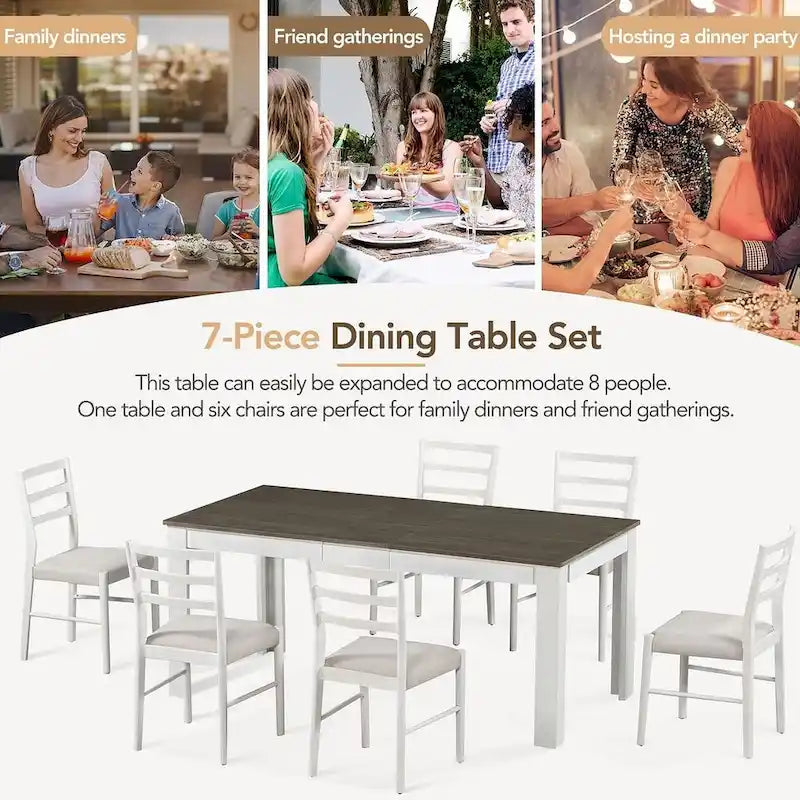 7 PCS Wooden Dining Table Set for 6 with Extendable Table